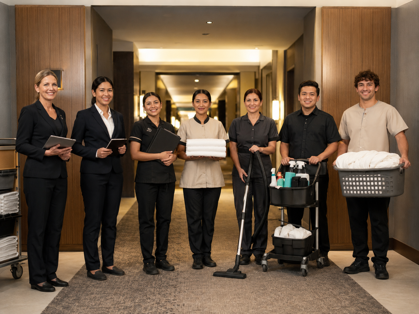 Housekeeping-Team mit Leitung, Room Attendants, Houseman und Wäschemitarbeiter im Hotelkorridor