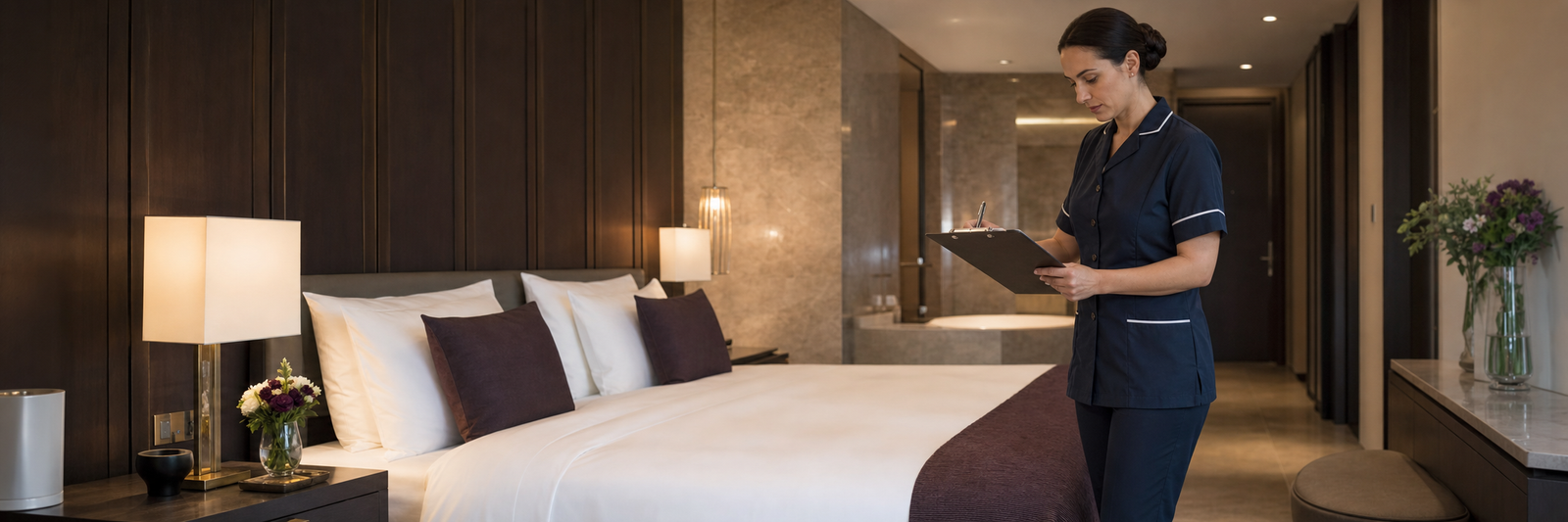 Vorbereitetes Hotelzimmer bei der professionellen Zimmerkontrolle.