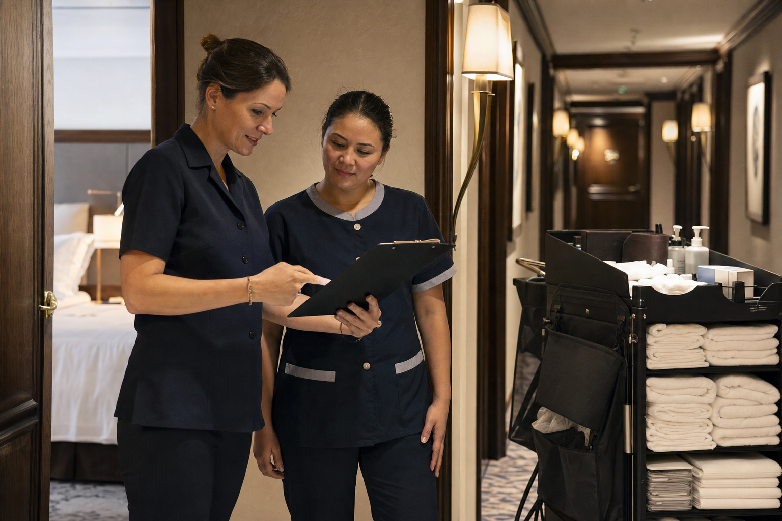 Housekeeping-Supervisor und Mitarbeiterin besprechen eine Zimmerkontrolle neben dem Etagenwagen.